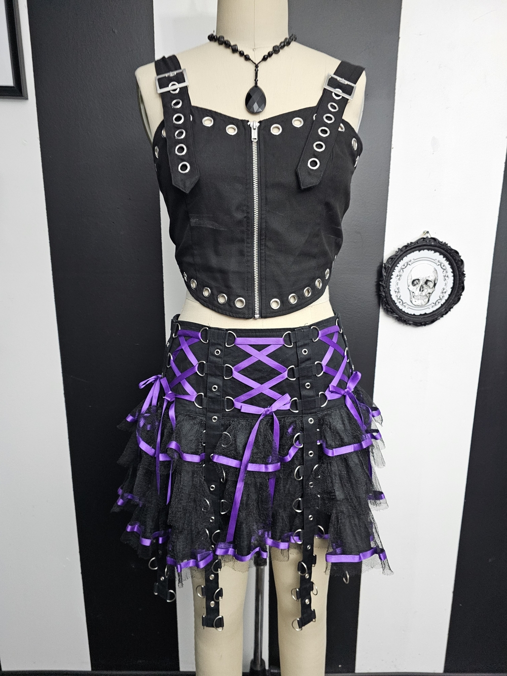 Hell Bunny Black Mini Skirt with Purple Ribbon Lacing